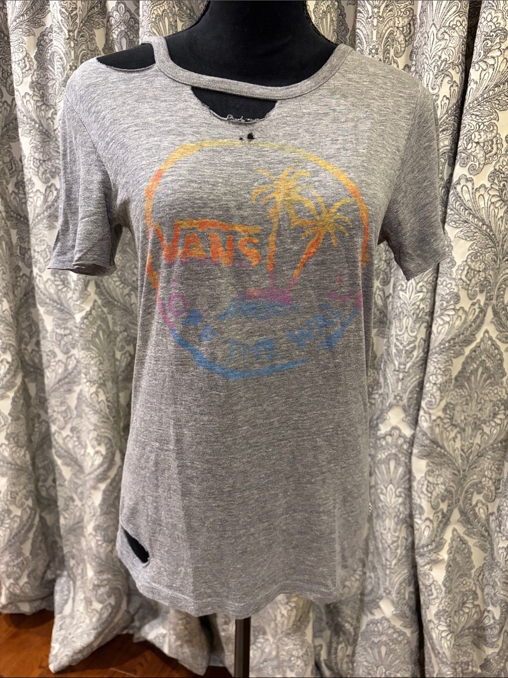 Vans off the wall, distressed ripped T-shirt